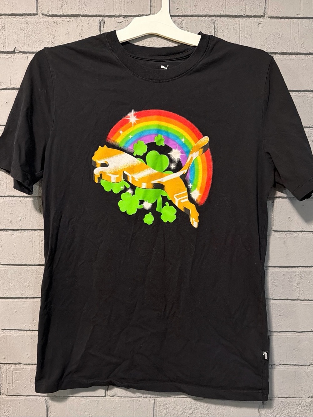 Puma Black Tee with Gold Cat and Rainbow Graphic
